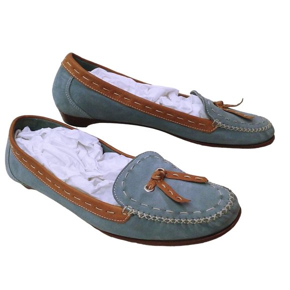 Cole Haan Blue Suede Shoe Flats -9.5B Bow Tassel Leather Stitch Moc-Toe Slip-On - Picture 3 of 12